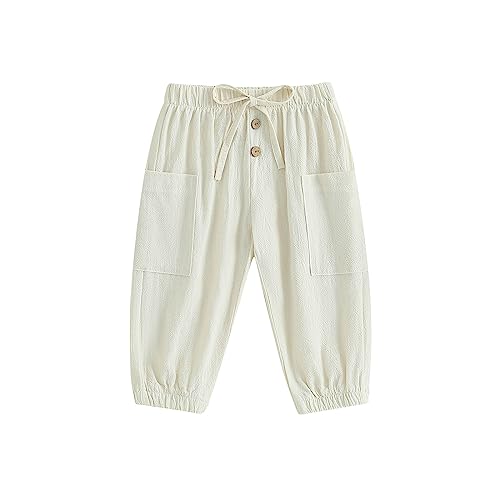 Toddler Baby Boy Girl Cotton Linen Pants Balloon Hippie Cargo Sweat Long Pants Boho Fall Oversized Clothes (Two Pocket Beige, 6-12 Months)