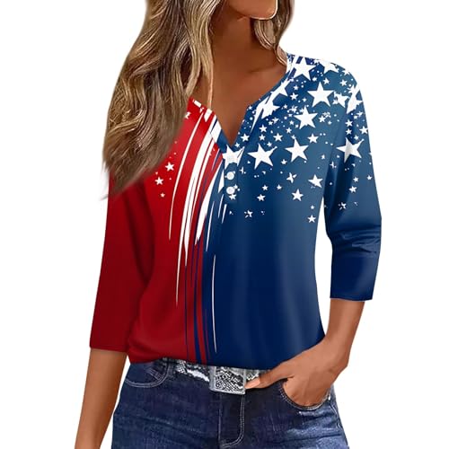 Image of 4th of July Shirts Women 3 /4 Length Sleeve Womens Tops Henley Neck Casual Patriotic T Shirts