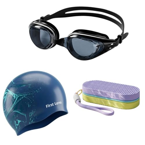Image of First Lens Swimming Combo Pack with Anti-Fog Goggles, Swimm Cap & Protective Soft Storage Case - Tinted Goggle + Aquawave Cap + Yellow Purple Case