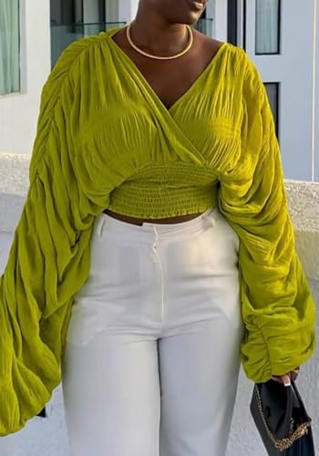 Unybwonn Bell Long Sleeve Blouses for Women Evening Wear Puffy Lace Tops Deep V Neck Elastic Waist Smocked Crop Shirt Top2