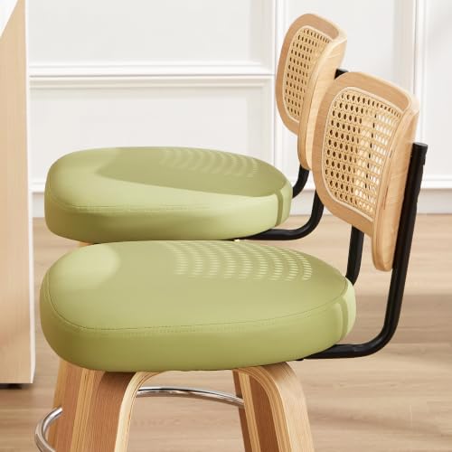 Image of Rattan Bar Stools Set of 2,Upholstered PU Leather, 30''Counter Height Barstools with Back and Wood Legs,360Swivel,Mid-Century Modern Bar Stool for Kitchen Island Dining Room and Bar(Grass Green)