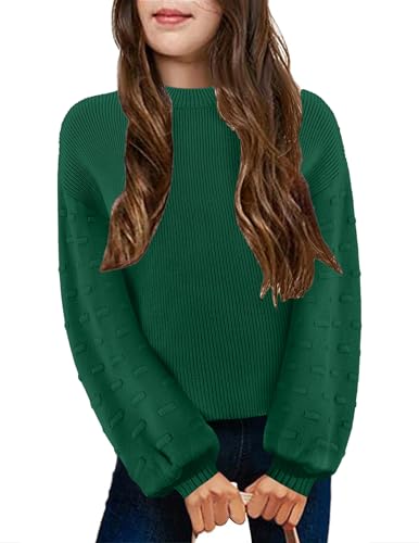 Arshiner Girl Plain Knit Jump Top Long Lantern Sleeve with Basket Weave Sweater for Kids Fall Winter Clothes Green 11-12 Years
