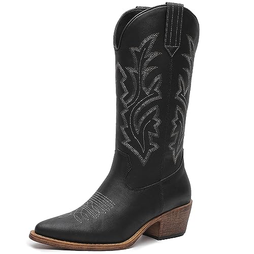 Image of GLOBALWIN Women's Mid Calf Western Cowboy Boots Cowgirl Boots for Women with Floral Embroidery Side Zipper Chunky Heel