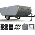 Upgraded 7 Layers Pop Up Camper Cover Heavy Duty Fabric Pop-up Folding Camping Trailer Cover, Weatherproof Anti-UV Rip-Stop Fits for 14'-16' Motorhome with Adhesive Repair Patch, 2Pcs Extra Straps