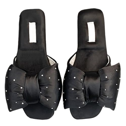 Women's Rhinestones Bow-Knot Satin Flat Slippers Open-Toe Pure Color Bridal Flips Flops Hand Sewn Slides Shower Wedding House Shoes