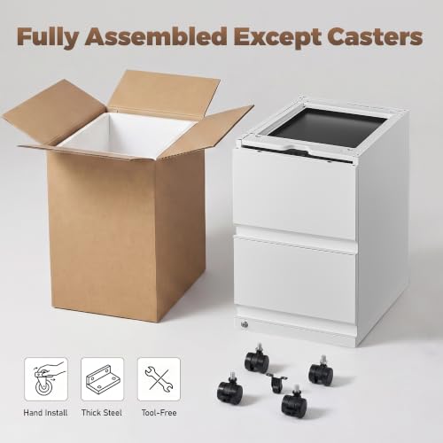 Image of Guizeeopo Fully Assembled 2 Drawer File Cabinet, Locking Filing Cabinet with Anti-Tipping Wheels, Quiet Slide, Heavy-Duty Steel Construction, Fits A4 Letter Legal for Home Office, Matte White