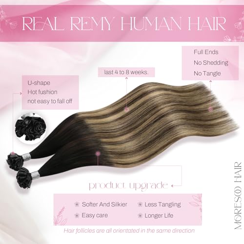 Image of Moresoo U Tip Hair Extensions Human Hair, Black Blonde Balayage, 14 Inch | 50g 50 Strands, Ombre Brown with Blonde, pre bonded keratin tips for salon application, suitable for adding length and volume