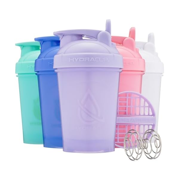 Hydra Cup ProFlow [5 Pack] 20 oz Small Shaker Bottles for Protein Shakes, Shaker Cups with Ball Blender Whisk, Shaker Bottle with Handle, Travel To Go, BPA Free (Bright Colors)