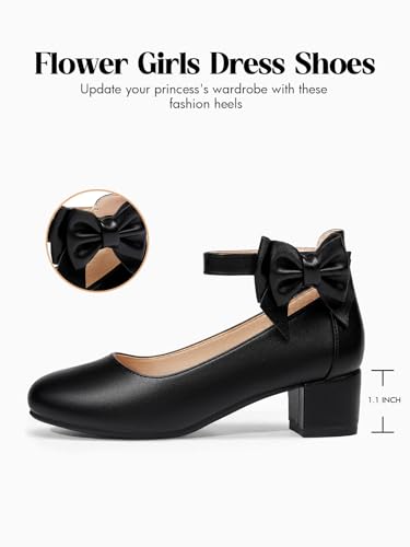 Image of Coutgo Girls Dress Shoes Flower Girl Bow Chunky Heels Closed Toe Ankle Strap Pumps Wedding Party Princess Shoes