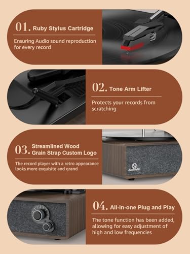 Image of Record Player Vintage Turntable for Vinyl Records Built-in Stereo Speakers LP Phonograph Auto Stop Tone Adjustment Belt Drive 3 Speed 3 Size Support Wireless Input RCA Output Retro Coffee Brown
