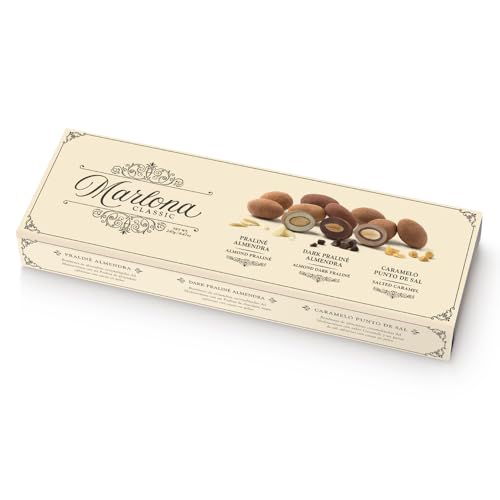 Marlona Classic Mix Praliné, Dark y Caramelo: Bombones de almendras caramelizadas del Mediterráneo con un Praliné de almendras, Dark y Caramelo. Estuche de 240g