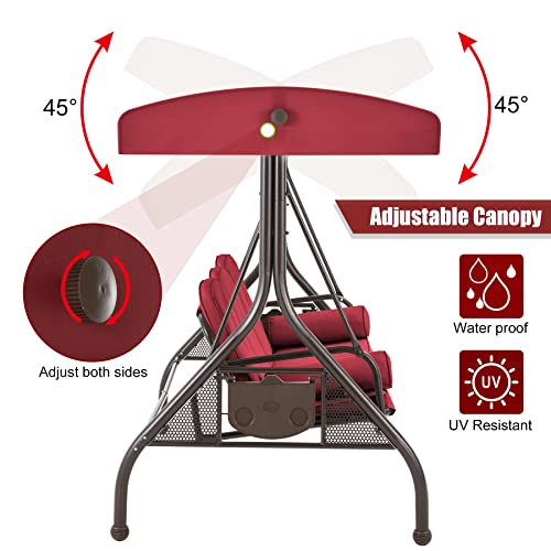 Gyutei 3-Seat Outdoor Patio Swing Chair,Porch Swing Chair With Adjustable Backrest And Canopy,Outdoor Porch Swing Glider Chair,W/Cushions,Pillows And Cup Holders For Porch, Backyard(Wine Red) #TOP4