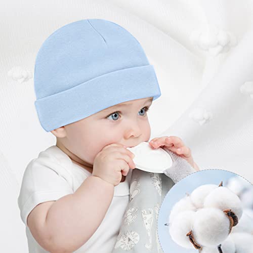 Durio Newborn Baby Hats Mittens Set Soft Cotton Baby Beanie Cute Preemie Hats Baby Boy New Born Infant Hat For Boy Girls White&Light Blue&Navy 0-6 Months #TOP3
