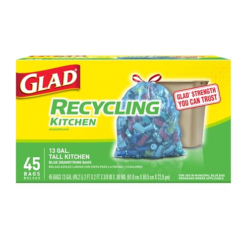 Glad Trash Bags, Tall Drawstring Garbage Bags, 13 Gallon Blue Trash Bags for Tall Kitchen Trash Can or Recycling, 45 Count (Packaging May Vary)