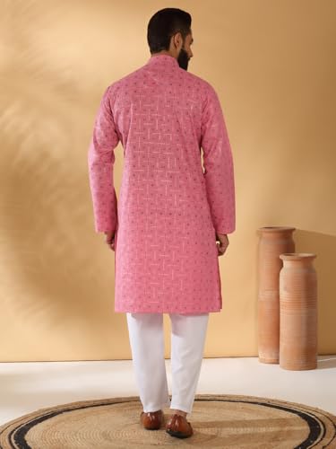 Image of KRAFT INDIA Men's Cotton Blend Geometric Printed Straight Long Regular Kurta and Elastic Waistband Pyjama Set