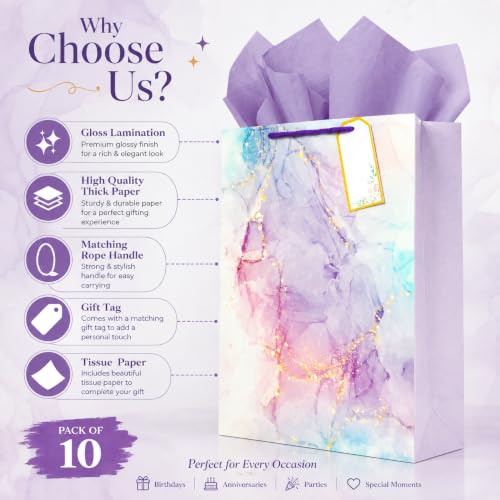 Image of Gift Bags Medium Size | Paper Bags for Gifting | Return Gift Bags with Rope Handles | Birthday, Wedding, Baby Shower & Christmas | Pack of 10 | 9 x 12 x 3.5 Inch