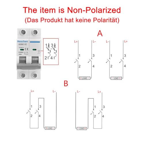Heschen DC Miniatur-Leistungsschutzschalter, HSB6C-DC, 2 Polig, DC500V 63A, Photovoltaik-Leistungsschalter, für Solar-PV-Anlage Solarzellen Gittersystem, 35mm DIN-Schienenmontage, grau
