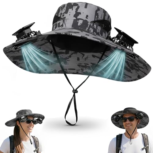 Outdoor Wide Brim Sun Hat with 2 Solar Fan Sun Bucket Hat for Men Women UPF 50+ Bucket Fishing Essentials for Camping Hiking Beach Summer Safari (Gray Camo)