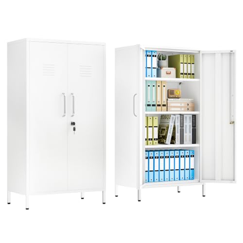 Image of pozdeg 47.24 inch White Lockable Small Metal Storage Locker | Employees Locker with 2 Doors & 2 Adjustable Shelves, Steel File Cabinet for Employees, Home, School, Office & Gym