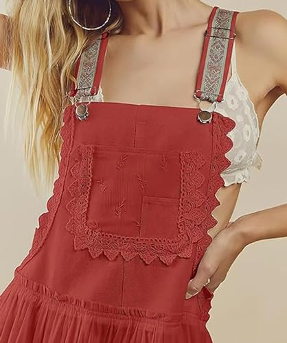 Image of CHARTOU Women Bib Overall Dress Jumper Babydoll Pinafore Dress Embroidered Lace Maternity Straps Suspender Dress