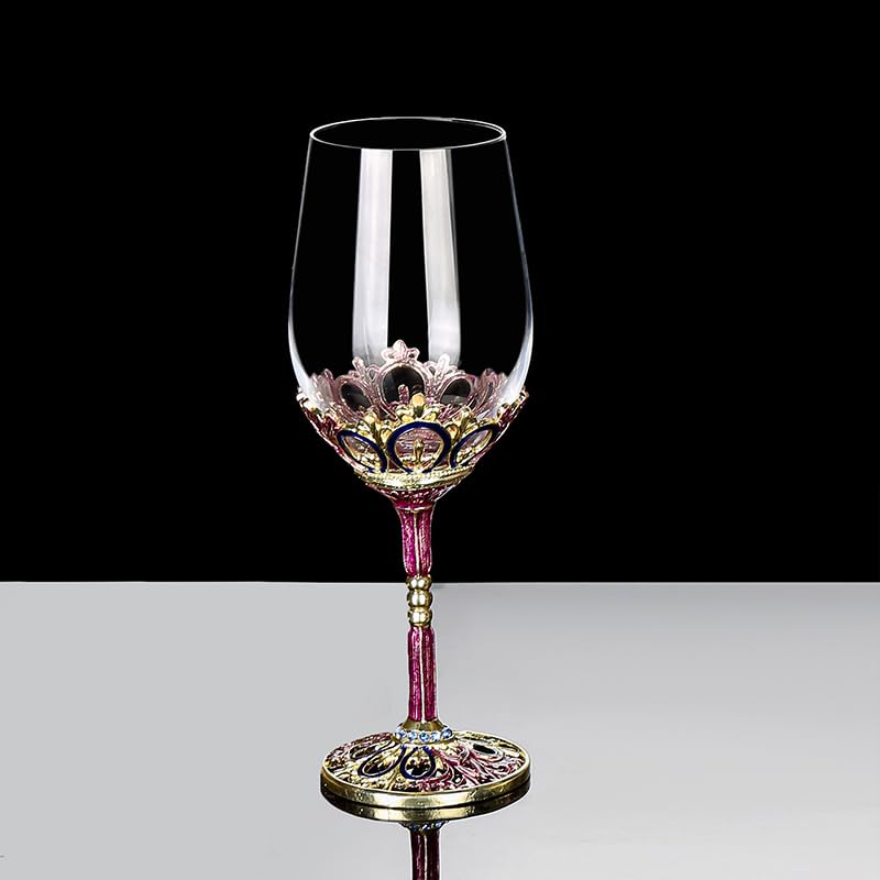 Simcat Red/White Wine Glass, Handmade Painted Enamel Crown Gin Wine Glass Long Stem Crystal Wine Glasses, Ideal Gifts (1, Burgundy)