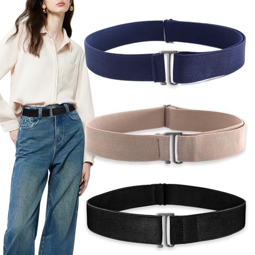 3 Pack No Show Elastic Stretch Belts for Women and Men, Invisible Strap Belt with Flat Buckle for Jeans Pants Dresses Adjustable