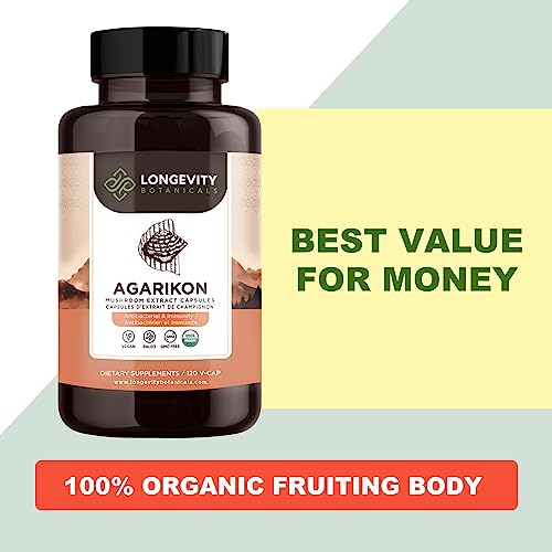 Organic Agarikon Mushroom Capsules - Ultra Concentrated Agarikon Mushroom Supplement - Promotes A Balanced Immune System - 100% Fruiting Body - 120 Capsules - Longevity Botanicals #TOP1