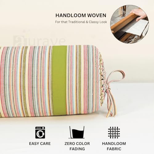 Image of AURAVE Woven Cotton 144 TC Bolster Cover with Drawstring Closure, Set of 2, Soft Breathable Durable Machine Washable for Sofa Bed & Home Decor, 15 inchx30 inch, Green | Cover Only