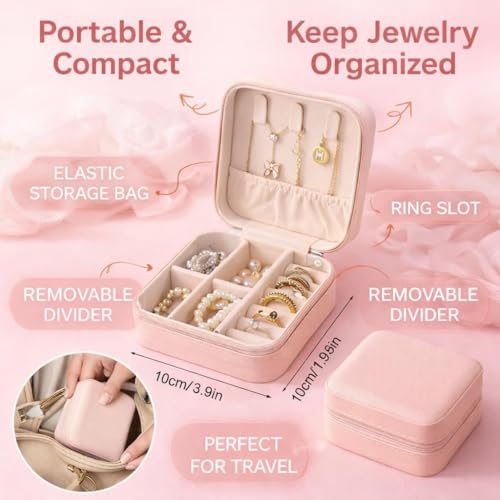 Image of Zephorus Mini Jewellery Travel Case, PU Leather Organizer Box, Small Portable Jewellery Storage Holder for Womens Rings Earrings Necklaces (Peach-PU Leather Box, Green) (Boho Lady)