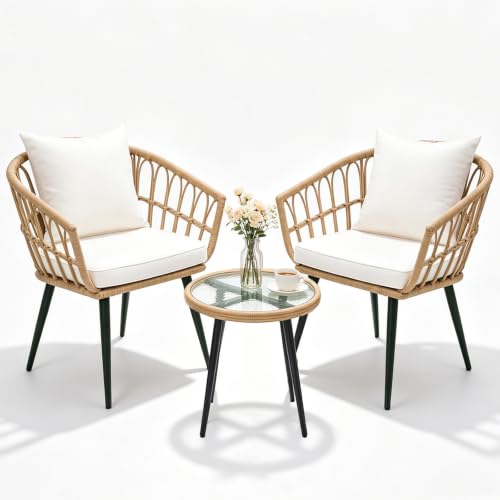 Maagorbyme 3 Piece Patio Bistro Set, All-Weather Outdoor Wicker Patio Furniture Set, Bistro Table and Chairs Set of 2, Space Saving Balcony Furniture Sets for Apartment, Garden, Poolside, Backyard