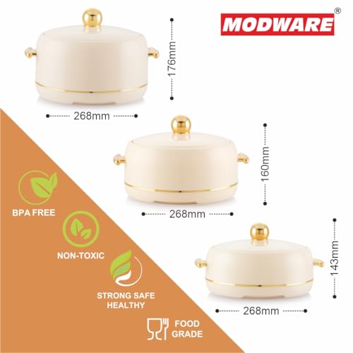 Image of Modware Atlantis Casserole Set of 3-1500ml /2000ml /2500ml Elegant Design Premium Hot Pot, Retains Temperature for Hours, Insulated Inner Steel Casserole for Roti Hot Box for Home Chapati Box (Ivory)