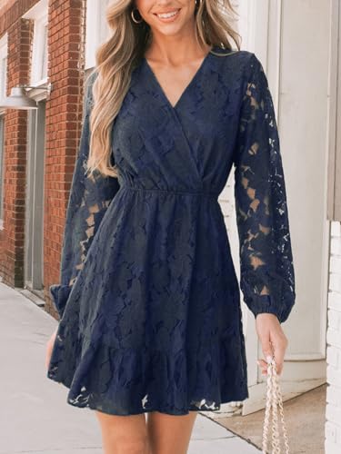 Image of CUPSHE Women Elegant V Neck Lace Peasant Sleeve Mini Summer Dress Elastic High Waist A Line Casual Wedding Guest Dress
