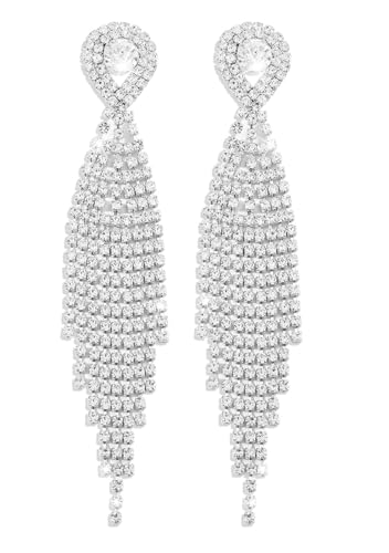 DIAMANTIO Dangle Sparkling Chandelier Tassel Earrings Drop Statement Long Dangly Dangling Sparkly Rhinestone Jewelry for Wedding Party Prom night or Any occasion (Silver 13)