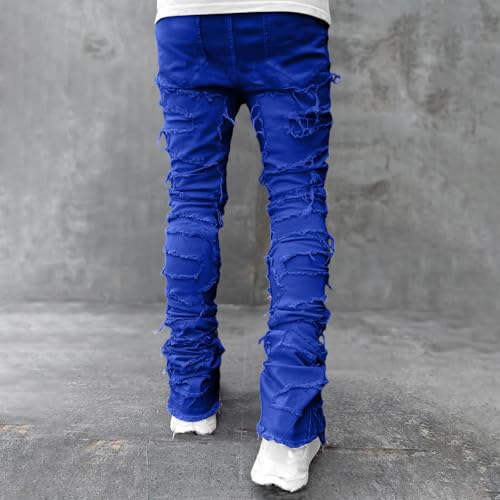 Men’s Distressed Skinny Fit Jeans with Ripped Detailing Fashionable Casual Stretch Denim Pants for Streetwear Style Blue3