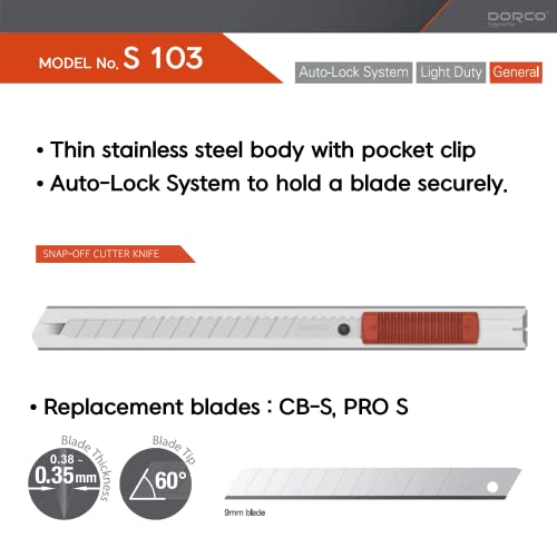 Dorco Professional Quality Utility Box Cutter Knife S103 - Auto-Lock Safety System, Small Design, Retractable, Built-In Snap-Off Tool, Replaceable Carbon Steel Blade, 60° Tip - 9Mm #TOP2
