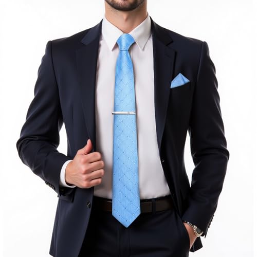 Image of DiBanGu Mens Silk Plaid Tie and Pocket Square Set | Elegant Silk Formal Tie Set, Woven Check Necktie and Cufflinks Tie Clip Set, Perfect for Wedding Party, Comes in Gift Box