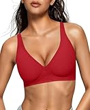 OEAK Womens Deep V Bras Wireless Comfortable Bra Supportive No Underwire Bras Tshirt Push Up Bralettes Plunge Seamless Bra Red M