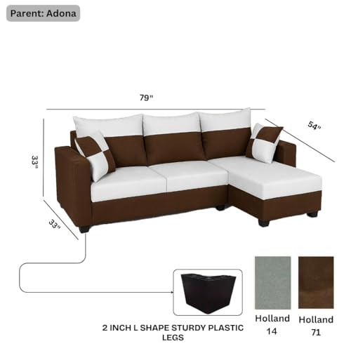 Image of FURNY Arissa 4 Seater Fabric RHS L Shape Sofa Set with Extra Cushions (Light Grey-Dark Brown) Premium Velvet Finish| Durable Comfort Ideal for Living Room