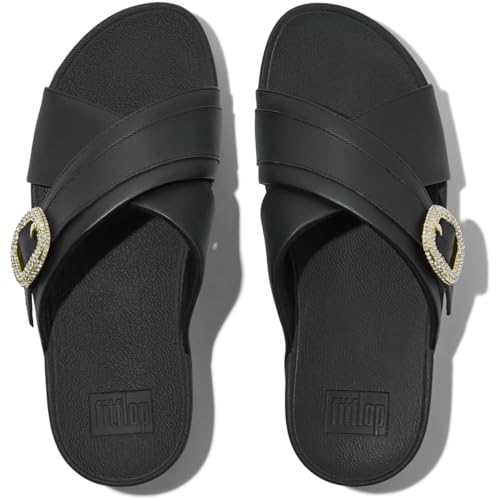 FitFlop womens Lulu Crystal-buckle Leather Cross Slides4