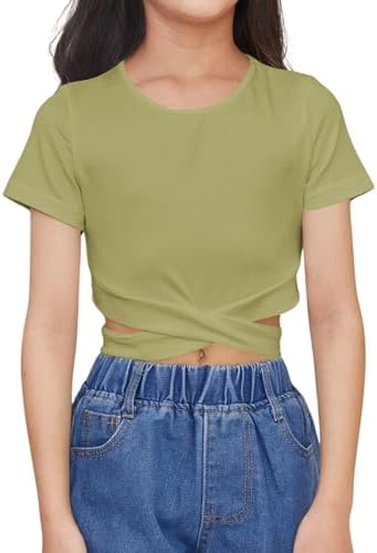 OYOANGLE Girl's Cute Crisscross Short Sleeve Cutout Solid Crop Top Tee T-Shirts Army Green 11-12Y