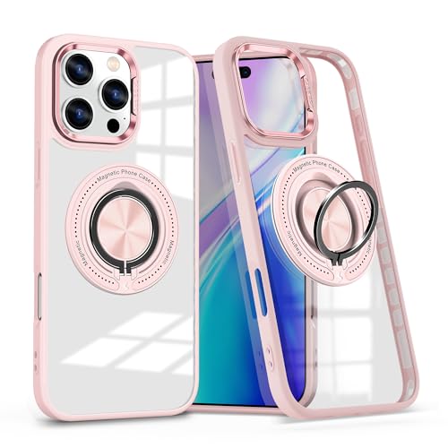 Coque iPhone 16 Pro MagSafe rose transparente antichoc de qualité militaire avec anneau support