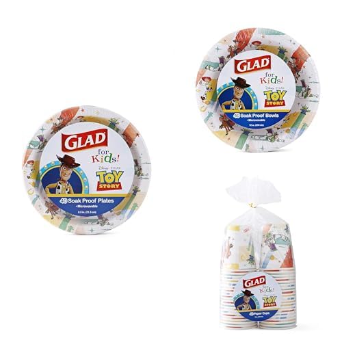 Glad for Kids Disney Pixar Toy Story Tableware Bundle: Paper Plates (40 Ct, 8.5"), Paper Bowls (40 Ct, 12oz), and Paper Cups (40 Ct, 9oz) for Everyday Fun and Convenience
