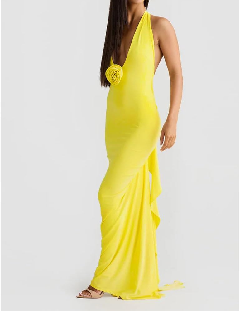 Women Sexy Backless Dress Halter Deep V Neck Detachable Flower Sleeveless Open Back Maxi Dress Cocktail Prom Formal Dresses - Image 5