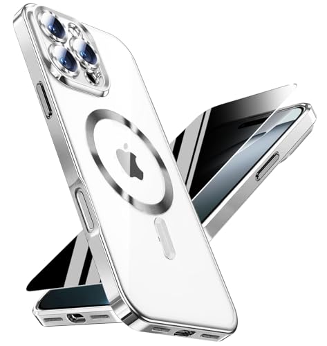 Image of Magnetic for iPhone 16 Pro Case with Privacy Screen Protector & Full Camera Cover,[Non-Yellowing] Plating Glossy Soft Shockproof Clear Phone Case with MagSafe Women Girls for iPhone 16Pro 6.3 inch,Sliver