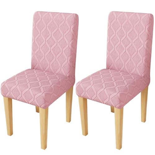 Image of Lukzer Elastic Dining Chair Cover - 2PC Pastel Pink Diamond Pattern | Textured High Stretch Jacquard Seat Cover | Removable Washable Short Dining Chair Cover Protector Seat Slipcover | (CC-154-02)