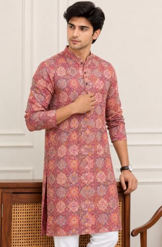 Image of FOXDX Men's Cotton Kurta, Ethnic Printed Kurta for Perfect Ethnic Look, Stand Collar Long Sleeve Casual Printed Regular Long Kurta