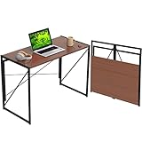 Halter Folding Desk Foldable Computer Table and Metal Frame - No Assembly Modern Office Desk 39' Work, Writing, Study Table - Space Saving Foldable Desk for Bedroom, Home Office - Brown