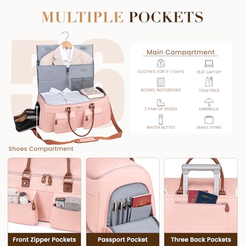 Convertible Garment Bag for Travel, Garment Duffle Bag for Women, PU Leather Travel Garment Bag Carry On, 2 in 1 Suit Travel Bags for Hanging Clothes with Shoe Compartment-Pink3