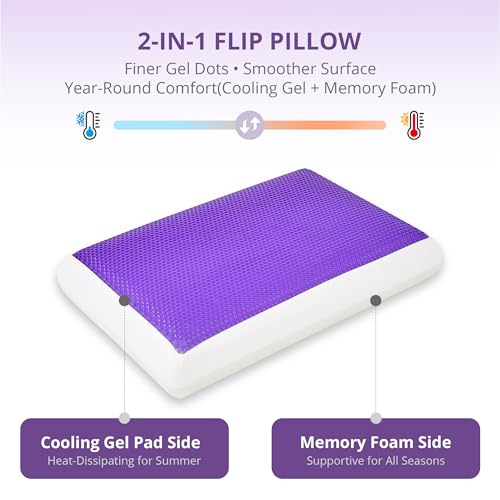 Image of Cooling Gel Memory Foam Pillow for Hot /Side Sleepers, Neck Support, Purple | Ergonomic Pressure Relief, Fits Back & Stomach Sleepers, Reversible Removable Machine Washable Cover, Night Sweats Relief