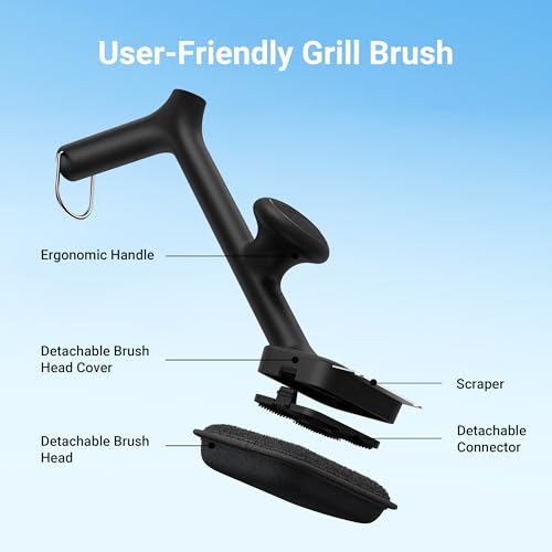 Image of ThermoMaven Grill Brush Bristle Free with 3 Replacement Brush Heads, Steam Grill Brush with Scraper, Non Metal Bristles for Cast Iron, Stainless-Steel Grates, Safe for Non-Stick Surface, Black